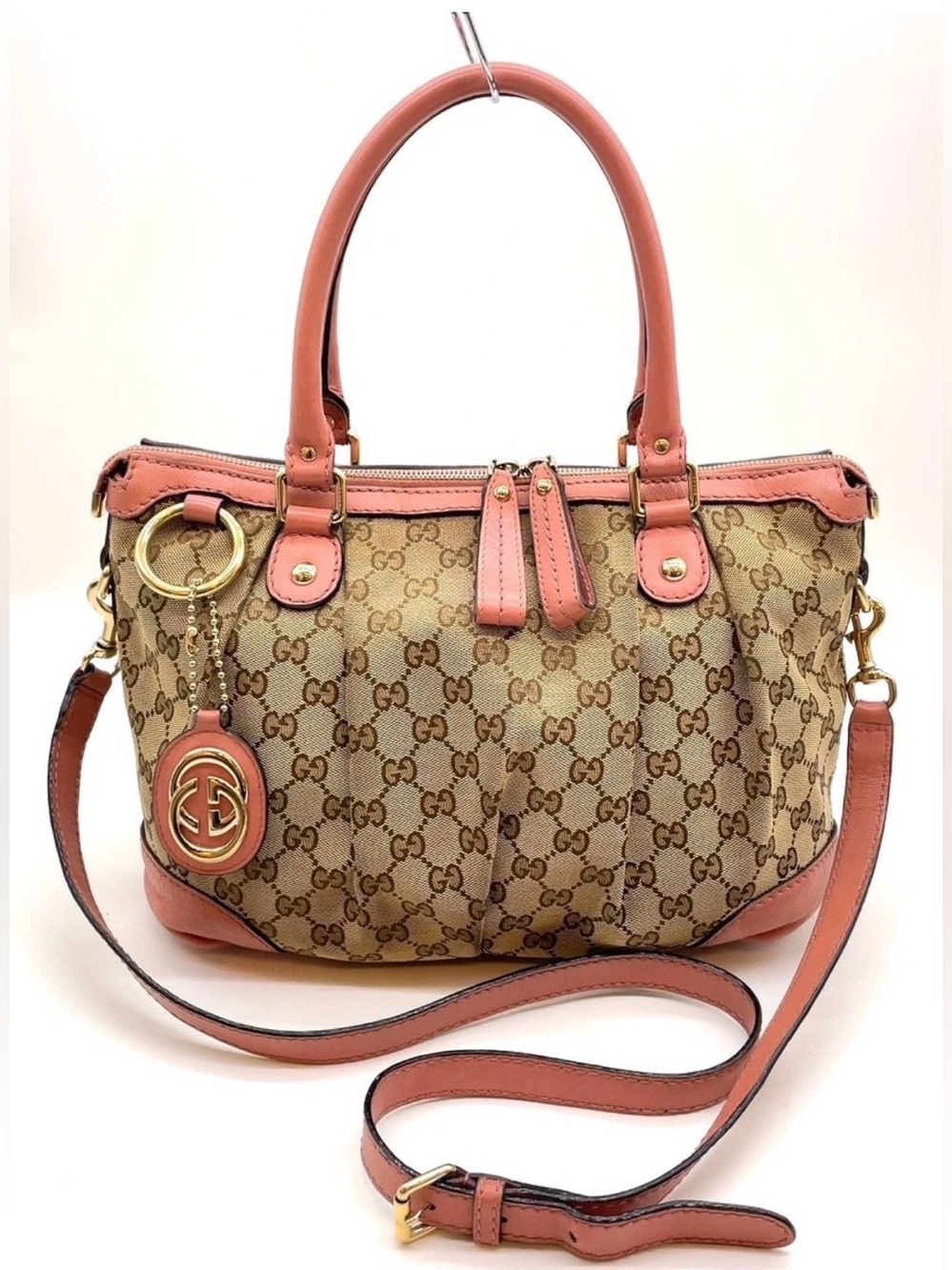 Gucci Beige GG Canvas Shoulder Bag with Pink Trim